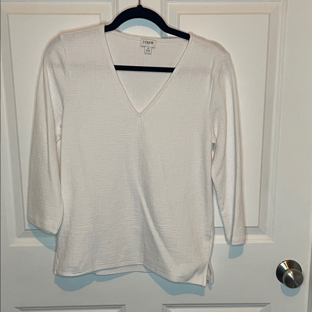 J. Crew Women's White Textured V-Neck Blouse Cotton Blend